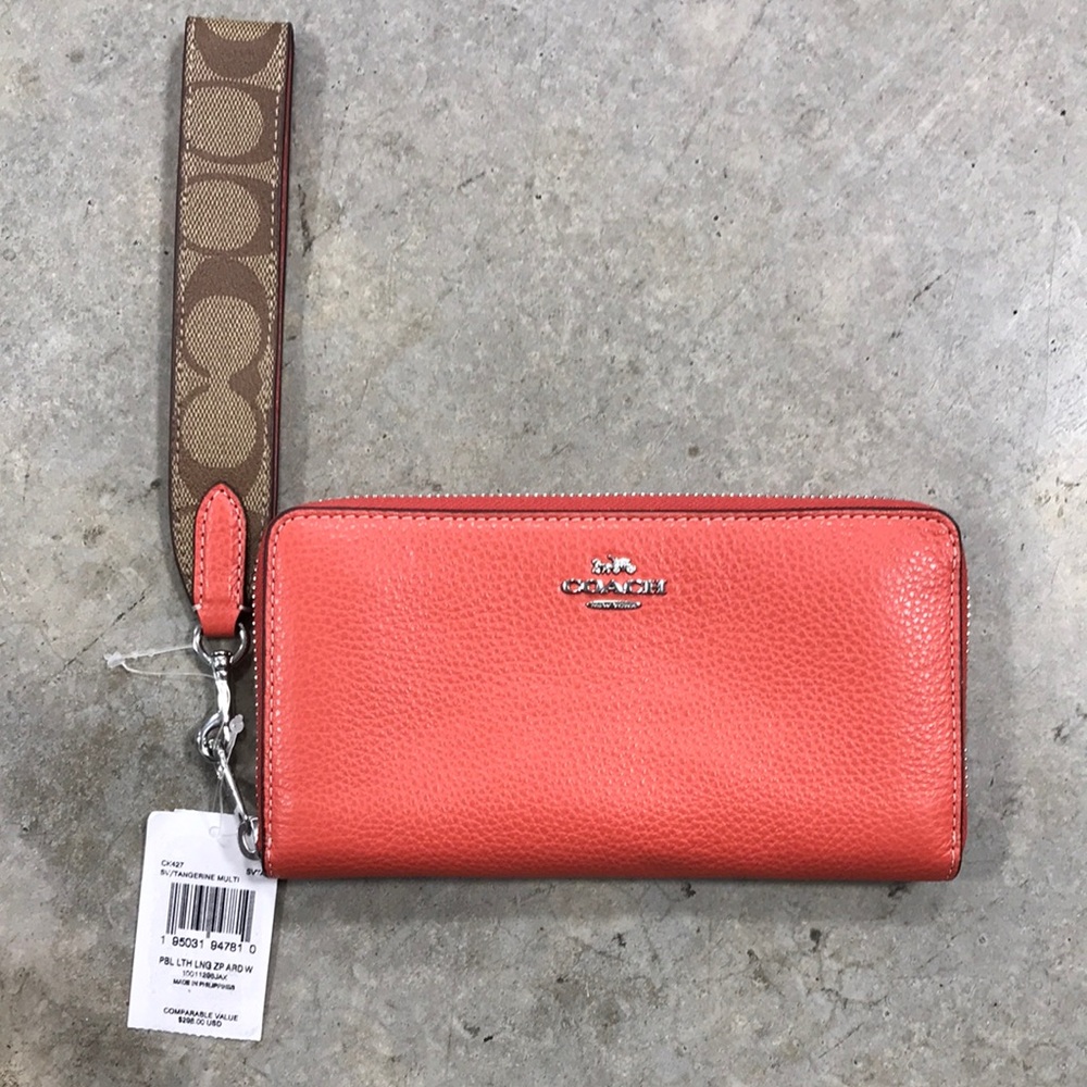 Coach Coral Zip-Around Pebbled Leather Wristlet with Signature Strap